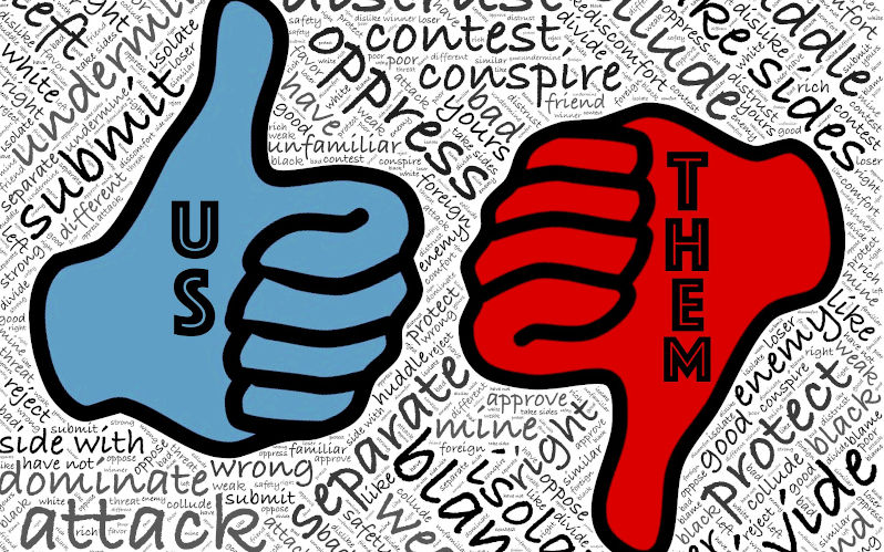 Illustration showing thumbs up for Us and thumbs down for them surrounds by words of trusts and mistrust