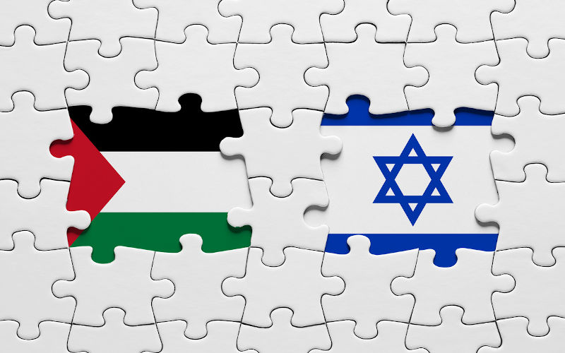 Palestine -Israel flags depicted as pieces in a white jigsaw