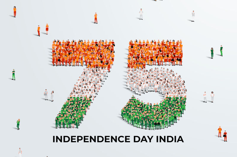 August 15 Happy Independence Day Design. A large group of people form to create the number 75 as India celebrates its 75th National Day on the 15th of August.