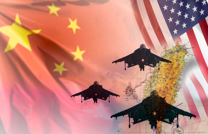 China and Taiwan tensions and war concept. Fighter aircraft silhouettes over a blurred map of Taiwan with Chinese and USA flags on the background.