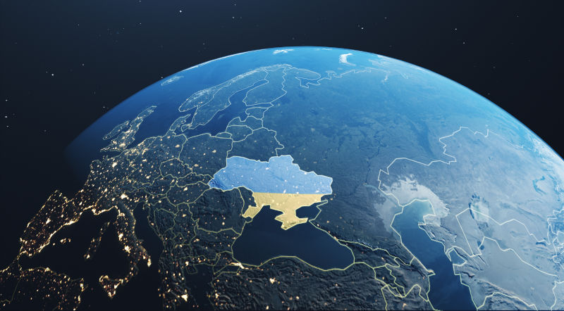 Planet Earth - with Flag and border of highlight Ukraine