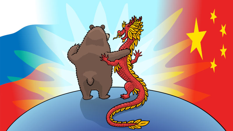 Cartoon-symbols-of-the-countries-of-Russia-and-China-are-a-brown-bear-and-a-red-dragon.