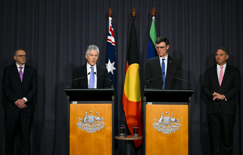 Australian Prime Minister Anthony Albanese, former Australian Defence Minister Stephen Smith, former Chief of the ADF Angus Houston and Australian Deputy Prime Minister Richard Marles speak during a press conference at Parliament House in Canberra, Wednesday, August 3, 2022.