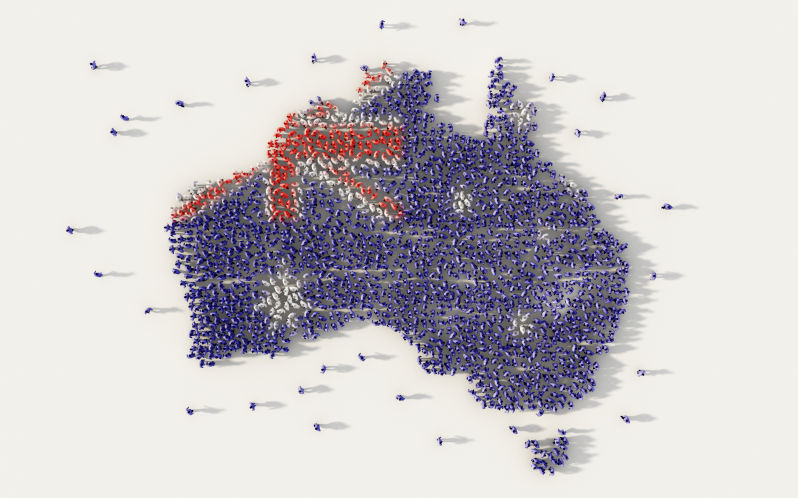 Large group of people forming Australia map and national flag in social media and communication