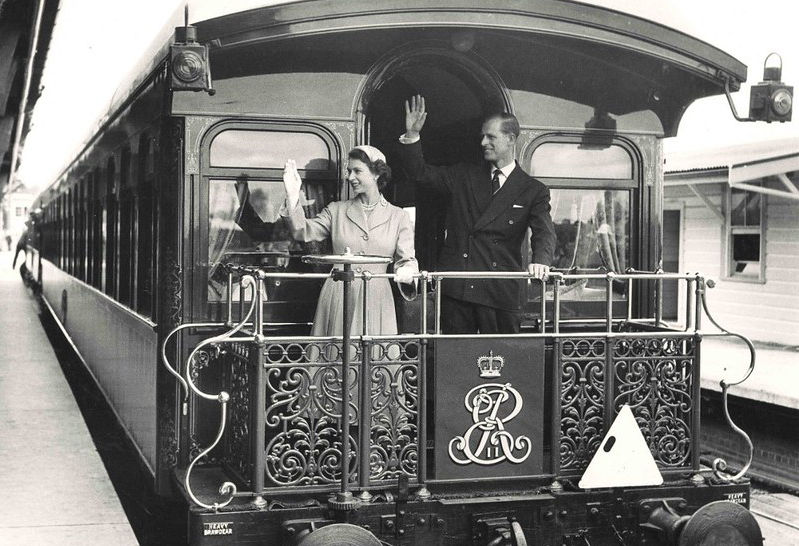 Queen Elizabeth II and Prince Phillip on the royal train at Bathurst Dated: 09/02/1954