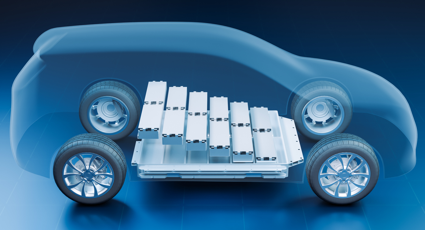 Transparent view inside electric vehicle with lithium ion battery module, x-ray SUV car energy storage system