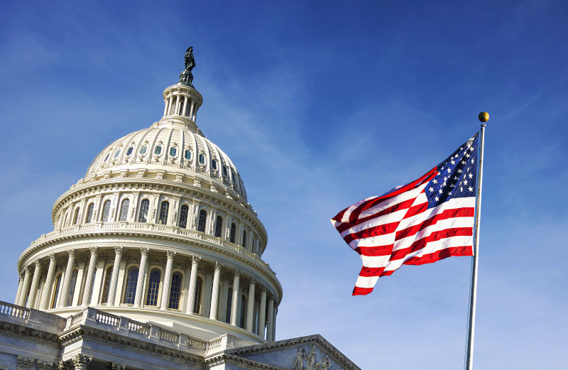 American flag waving with the Capitol Hill in the background