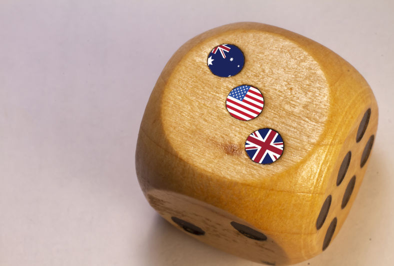 Australia, UK and USA AUKUS alliance countries flags paint over on wooden dice.