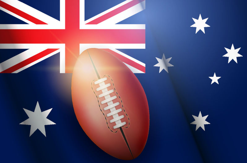 Poster of Australian football ball on Australian Flag Backgound. Football and Soccer Games. Sport equipment and teams. Vector Illustration