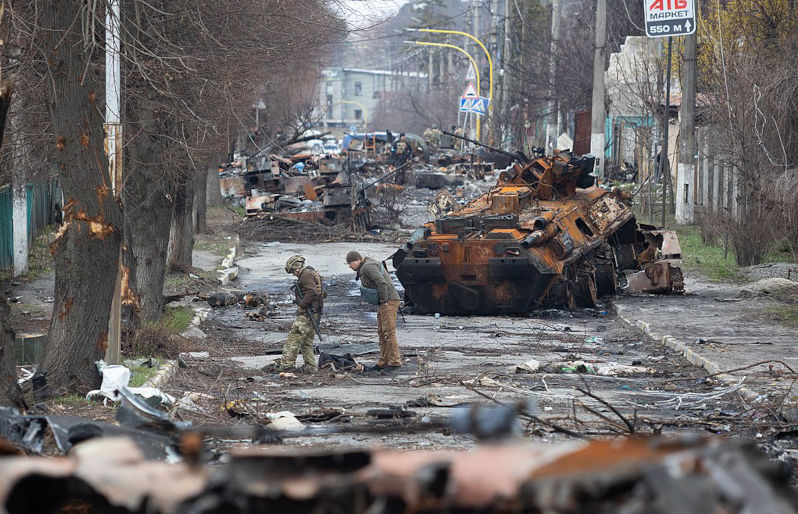 Bucha main street after Russian invasion of Ukraine.Burnt out tanks