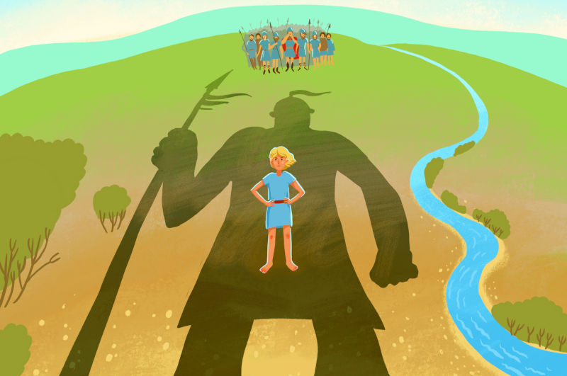 Bible children illustration. David and Goliath in single combat. Little David stands under huge shadow of Goliath