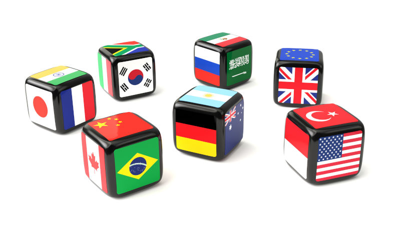 Dice with flags of the G20 nations.