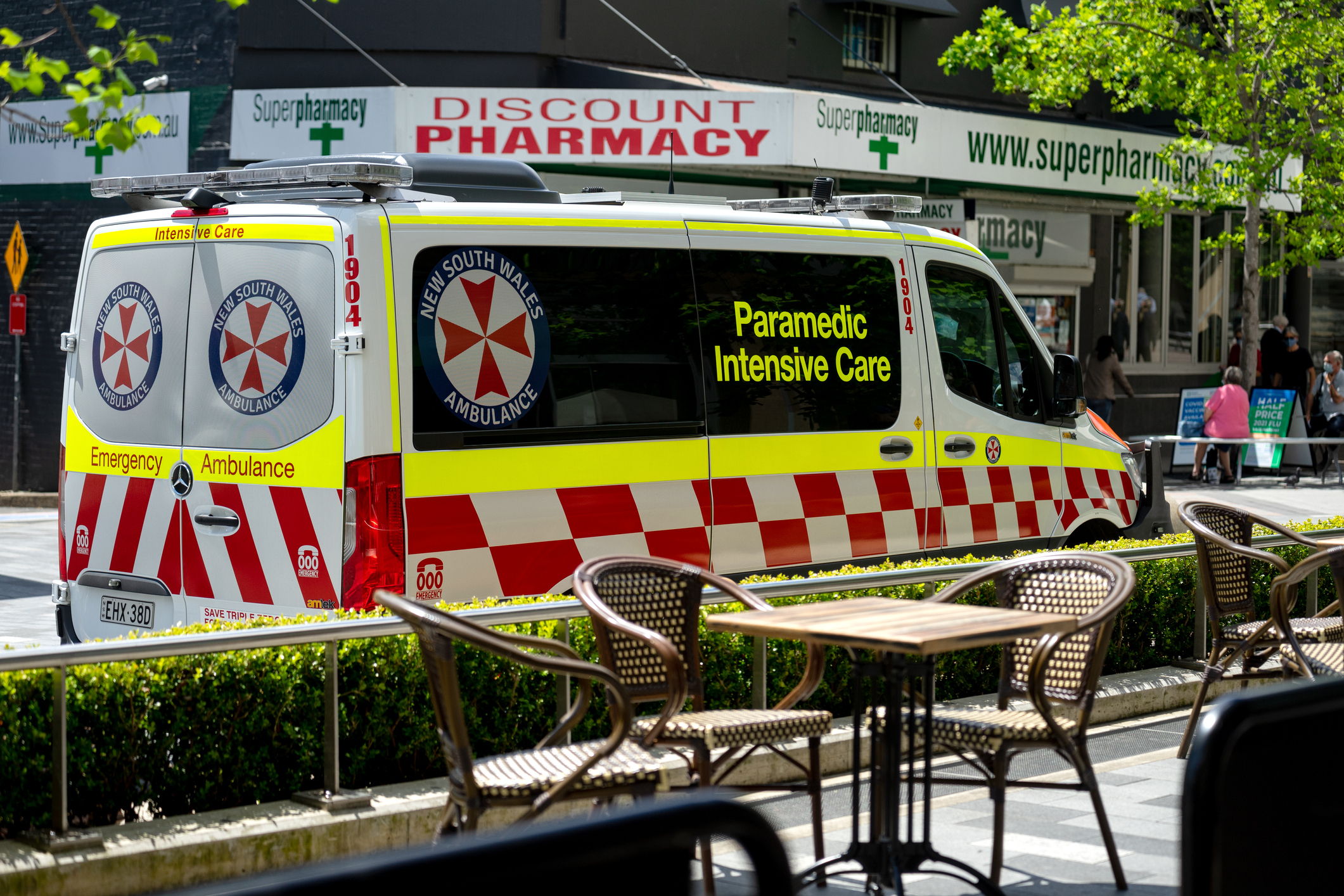 Sydney, Australia, October 14, 2021-Emergency Ambulance Vehicle arrived at the Hornsby Westfield area.