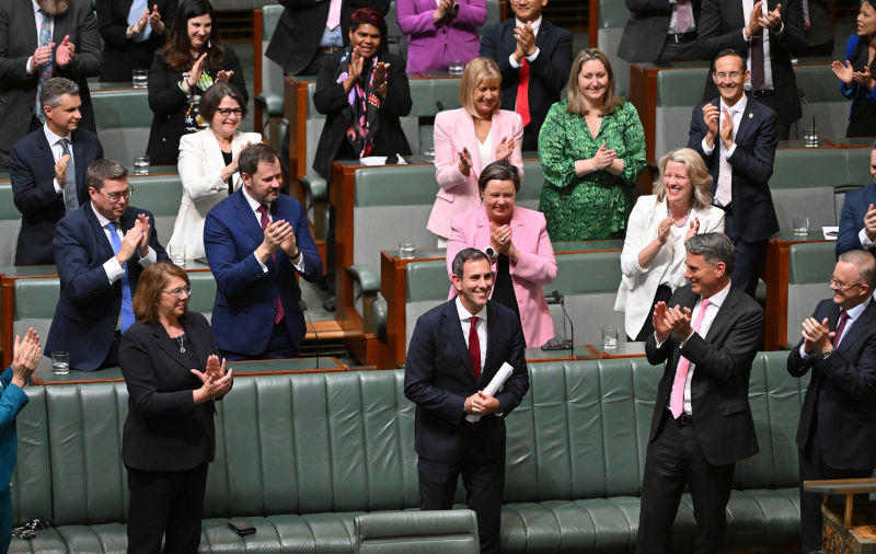 Treasurer Jim Chalmers is applauded after he delivered the Albanese government's first budget in the House of Representatives at Parliament House in Canberra, Tuesday, October 25, 2022. Image AAP/Mick Tsikas