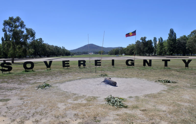 Sovereignty sign at the Aboriginal Tent Embassy in Canberra It represent the political rights of Aboriginal Australians.