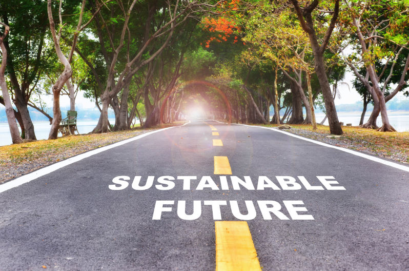 Sustainable future written on asphalt road surface with marking lines and tree tunnel