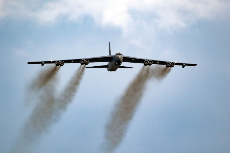 US Air Force Boeing B-52 Stratofortress bomber aircraft take off.