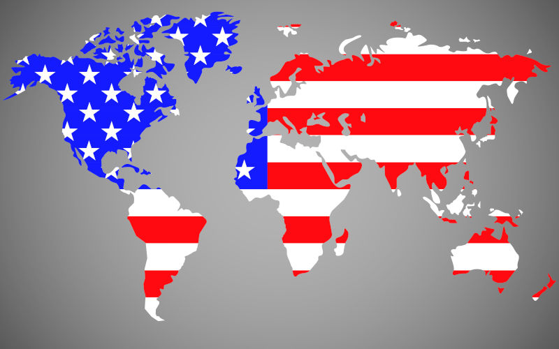 World map with flag United States of America