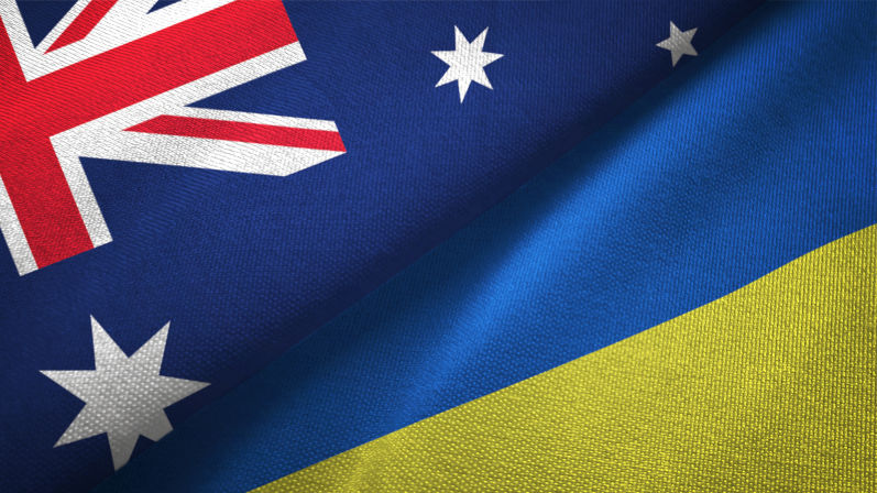 Ukraine and Australia flag together realtions textile cloth fabric texture