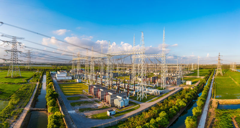 Aerial view of a high voltage substation.Industrial power tower background.