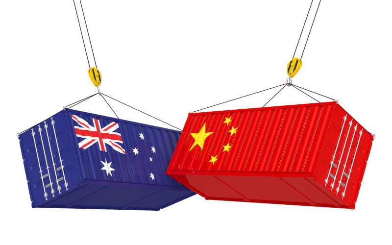 China and Australia Cargo Container isolated on white background. Trade war Concept.