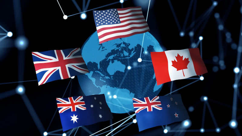 Five Eyes concept. United Kingdom – United States of America Agreement. Elements of this image furnished by NASA. 3D rendering.