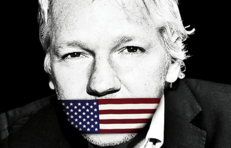 Free Julian Assange. PIcture with US flag mouth gag.