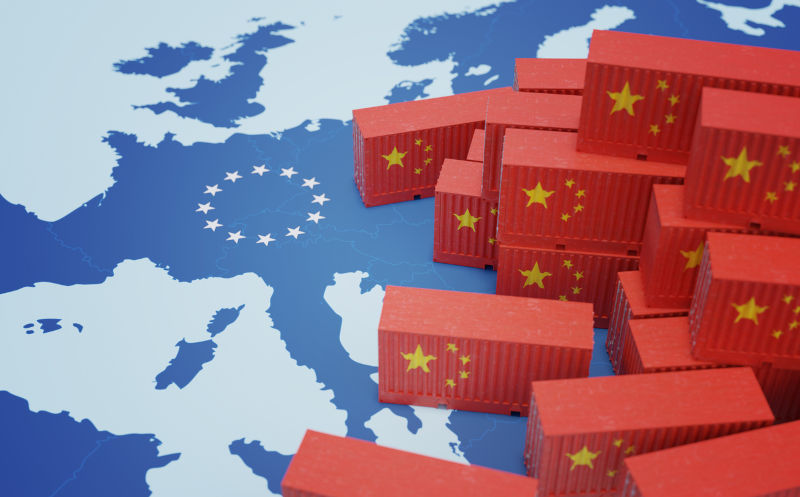 Chinese cargo containers on map of Europe. Import of chinese goods concept. 3D rendered illustration.