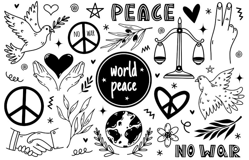 Peace symbol icon set. Hand drawn illustration isolated on white background. Pacifism sign - dove, handshake, olive branch, heart, planet. No war. Image: iStock