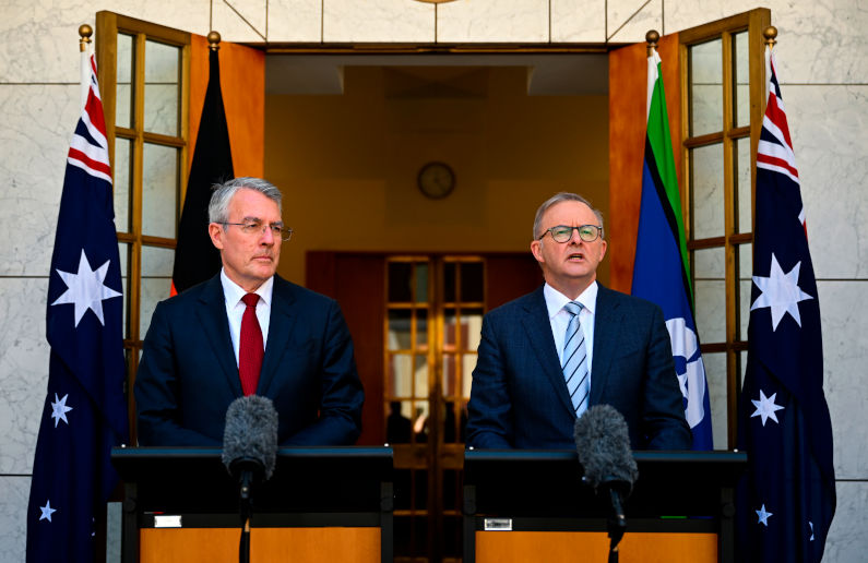 Australian Prime Minister Anthony Albanese (right) and Australian Attorney-General Mark Dreyfus speak to the media during a press conference at Parliament House in Canberra, Monday, November 28, 2022. Image: AAP/Lukas Coch