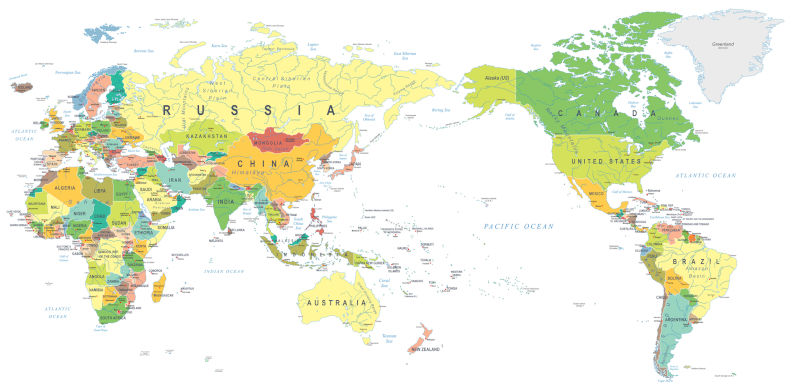 World Map Colour - Asia in Center.