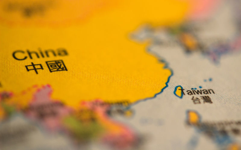 A close-up photograph of Taiwan and China on map.