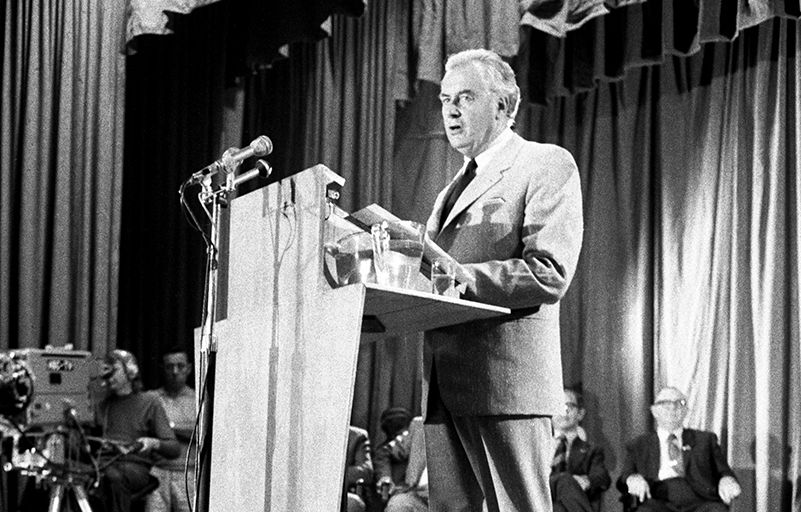 Gough Whitlam-1972 Gough Whitlam delivering the Australian Labor Party's 1972 election policy speech at the Blacktown Civic Centre in Sydney.