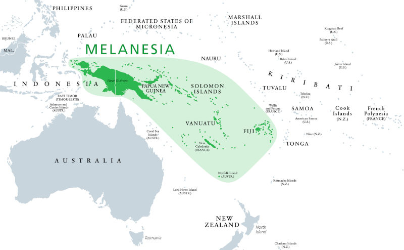 Melanesia, subregion of Oceania, political map.