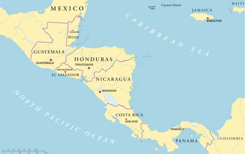 Political map of Central America with capitals, national borders, rivers and lakes.