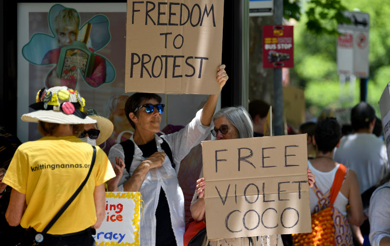 Protesters hold placards as they participate in a demonstration against climate activist Violet Coco's prison sentence for taking part in a blockade of Sydney Harbour Bridge, at New South Wales Parliament in Sydney, Monday, December 5, 2022. Image: AAP/Bianca De Marchi