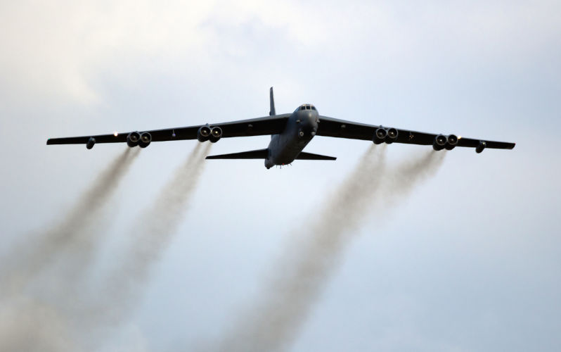 US Air Force Boeing B-52 Stratofortress bomber aircraft in flight.