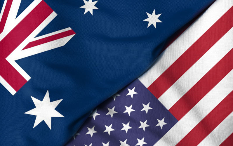 Two flags. 3D. United States and Australia.