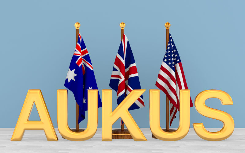 American, Australian and Britain flag. AUKUS