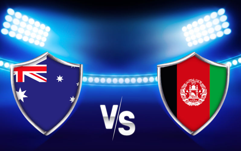 Australia Vs Afghanistan Cricket Match fixture background with glowing lights.