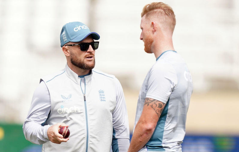 England Head Coach, Brendon McCullum with captain Ben Stokes (right) during a nets session at Trent Bridge Cricket Ground, Nottingham. Picture date: Wednesday June 8, 2022. Image: Alamy