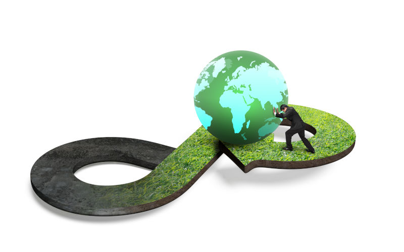 Circular economy concept. Arrow infinity symbol of grass texture with man pushing colourful globe, isolated on white background.