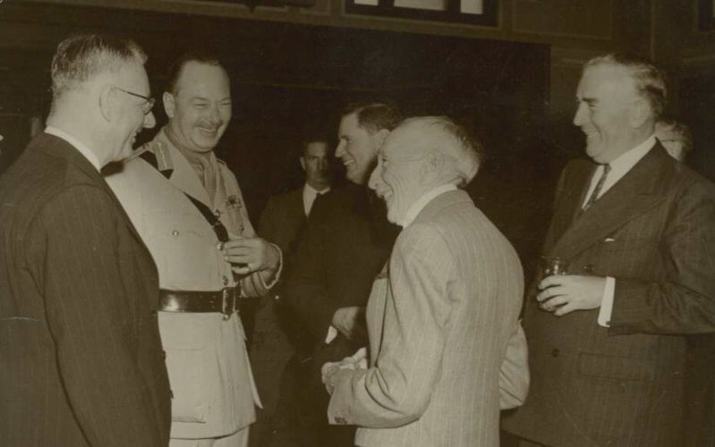 left to right: Prime Minister John Curtin, Governor General Prince Henry, Duke of Gloucester, Former Prime Minister Arthur Fadden, Former Prime Minister Billy Hughes, Former Prime Minister Robert Menzies. Gathered for Prince Henry's first reception as Governor General. Date 1945