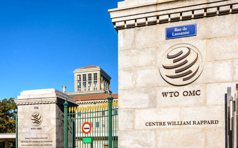 World Trade Organisation (WTO) at the entrance of its headquarters in Geneva, Switzerland.