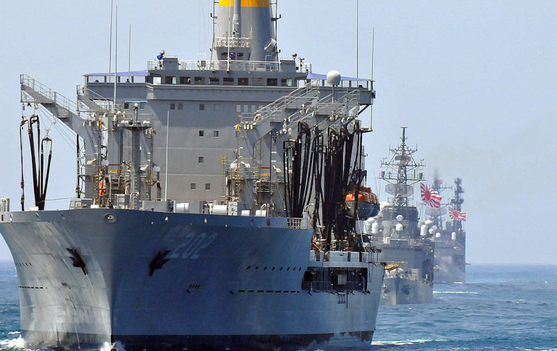 The Military Sealift Command fleet replenishment oiler USNS Yukon (T-AO 202) leads the Japan Maritime Self-Defence Force destroyer JS Mineyuki (DD 124) and the training vessel JS Asagiri (TV 3516) during a joint forces passing exercise. The exercise included six ships from the U.S. and Japan and required the ships to line up in diamond formation and perform various evasive maneuvers.