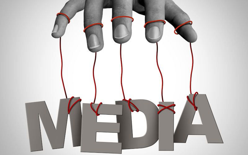 Media manipulation and controlling the narrative or directing the conversation as news censorship or political fake news persuasion controlling the story as a symbol of managing and marketing in a 3D illustration style.