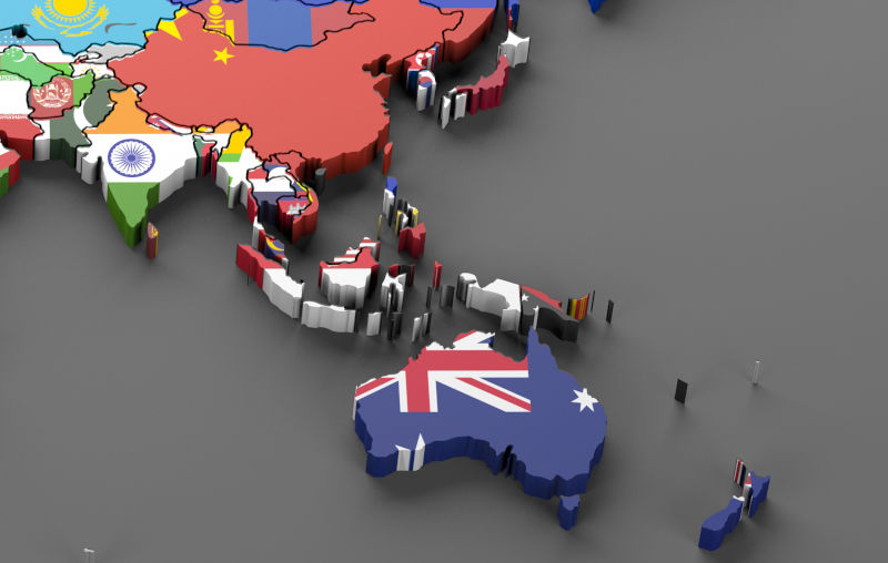 Asia and Australia flags map symbols in 3D Image: iStock