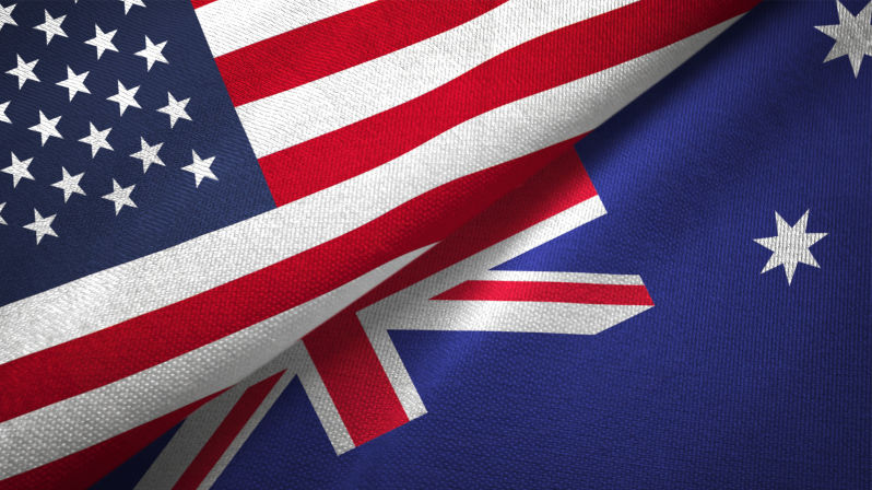 Australia and United States flags together relations textile cloth fabric texture