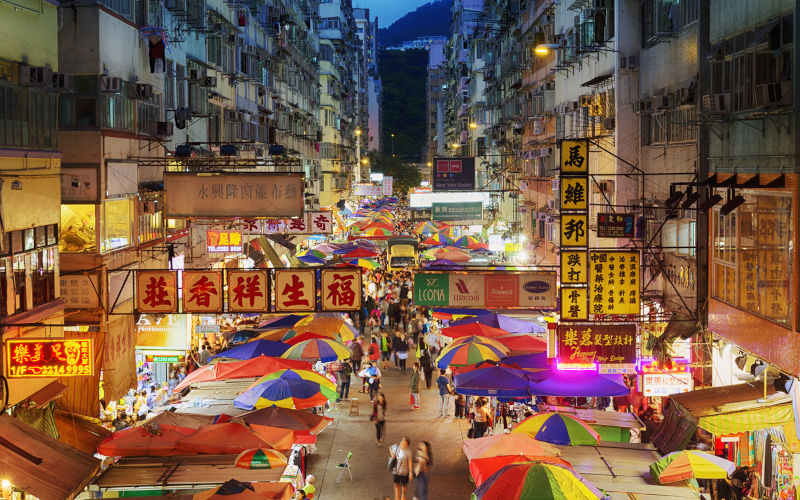 Busy street market at Fa Yuen Street at Mong Kok area of Kowloon, Hong Kong.