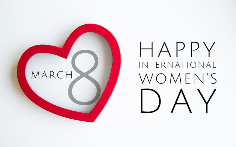 Happy 8 March International Women's Day lettering with red heart on white background.